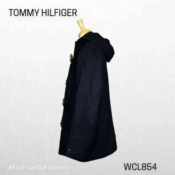 Tommy Hilfiger Mens Black Wool Blend Hooded Toggle Duffle Pea Coat Size Medium i - Picture 3 of 6